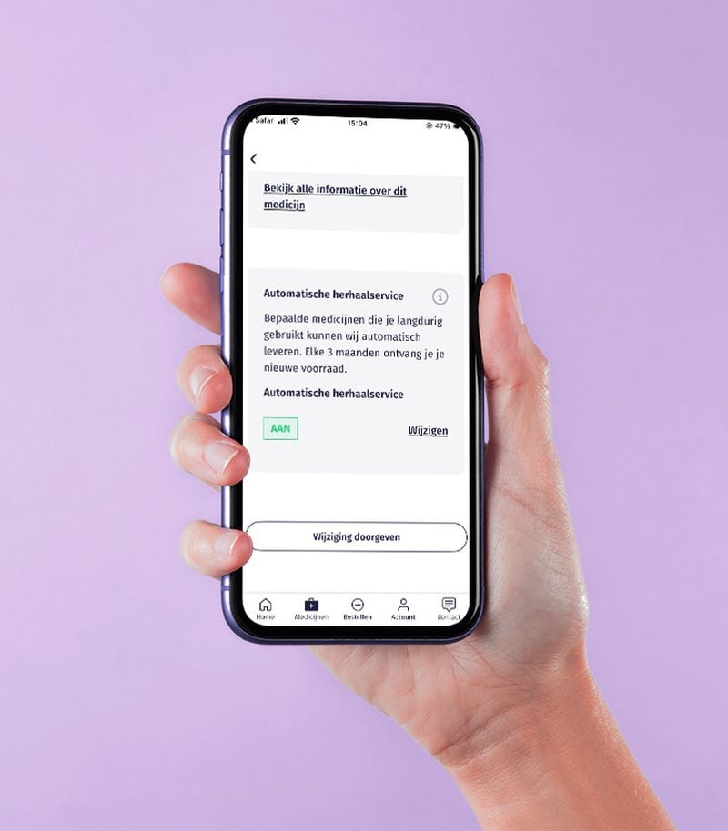 In jouw Nationale Apotheek-account kun je via het medicatieoverzicht de herhaalservice voor elk medicijn eenvoudig aan- of uitzetten.